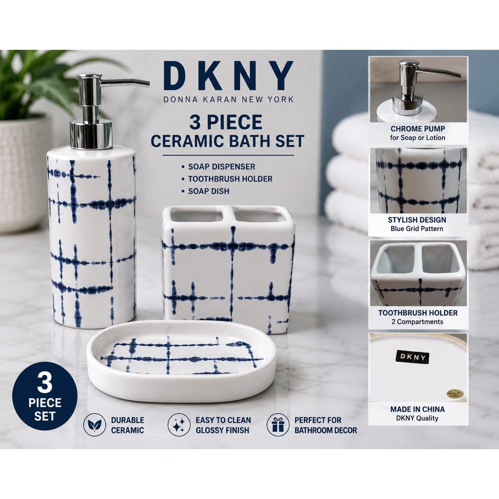DKNY 3 Piece Ceramic Bath Set Blue Grid Soap Dispenser Toothbrush Holder Dish